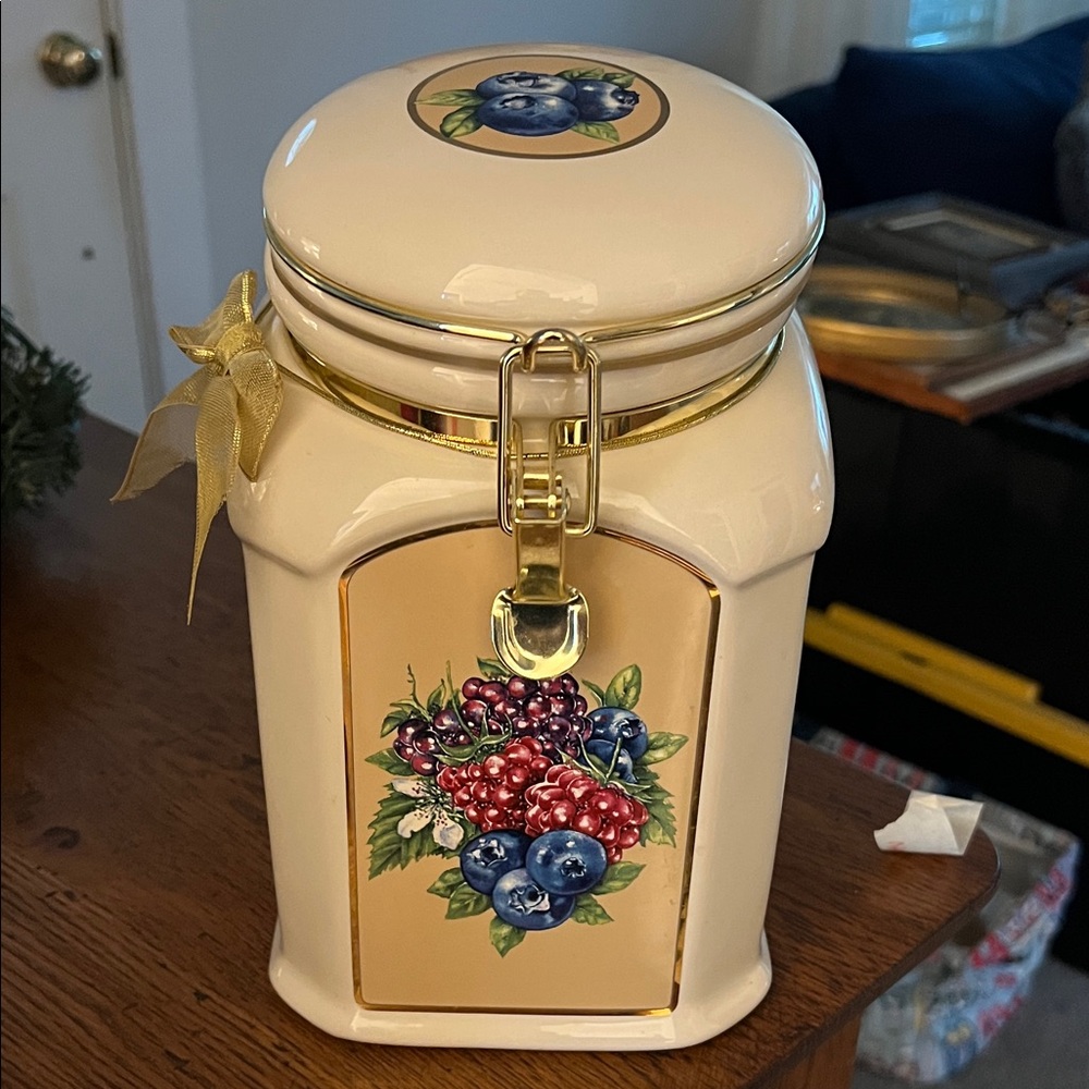 Cream Ceramic Canister with Fruit Design